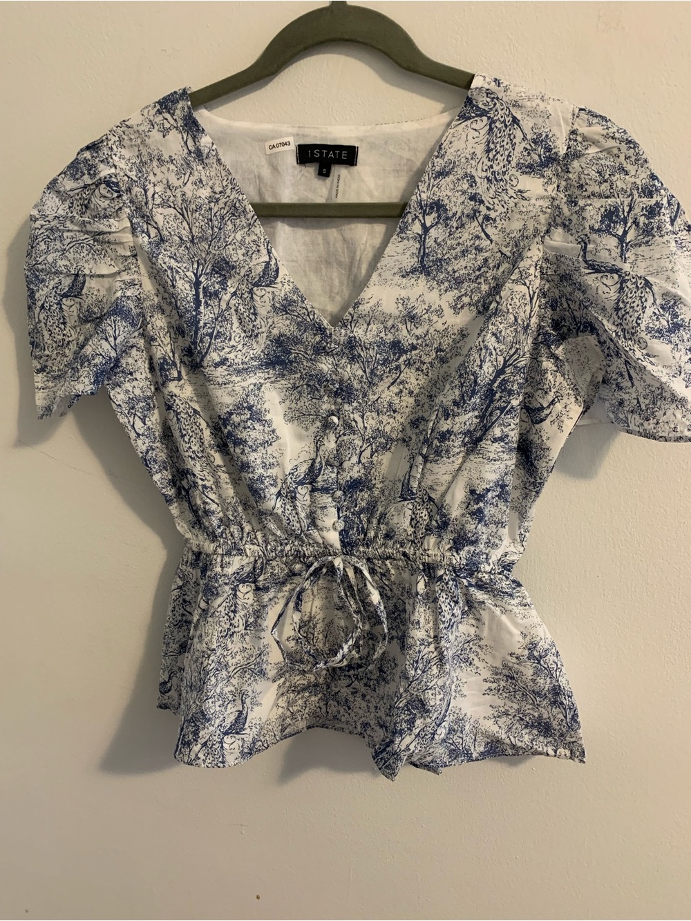 STATE Blue and White V-Neck Drawstring Peplum Blouse